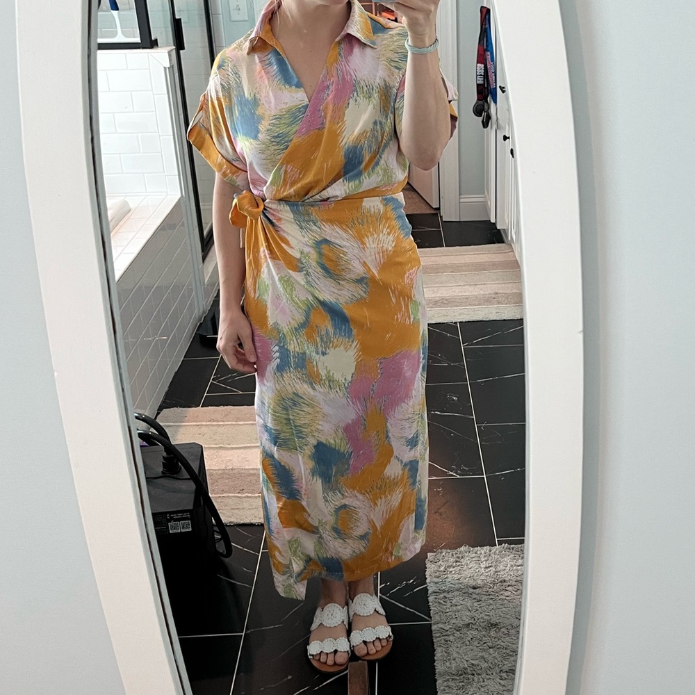Midi Wrap Dress in Yellow Pink Multicolor